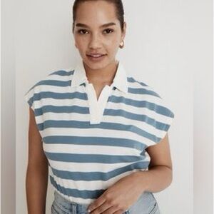 Madewell Blue/White Cropped Muscle Style Tee w/Polo Collar & Cap Sleeves  Size M